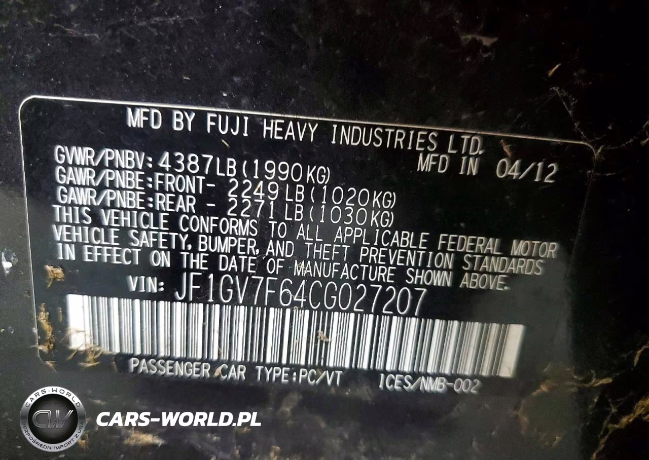 2012 Subaru Impreza Wrx VIN:JF1GV7F64CG027207 - 12