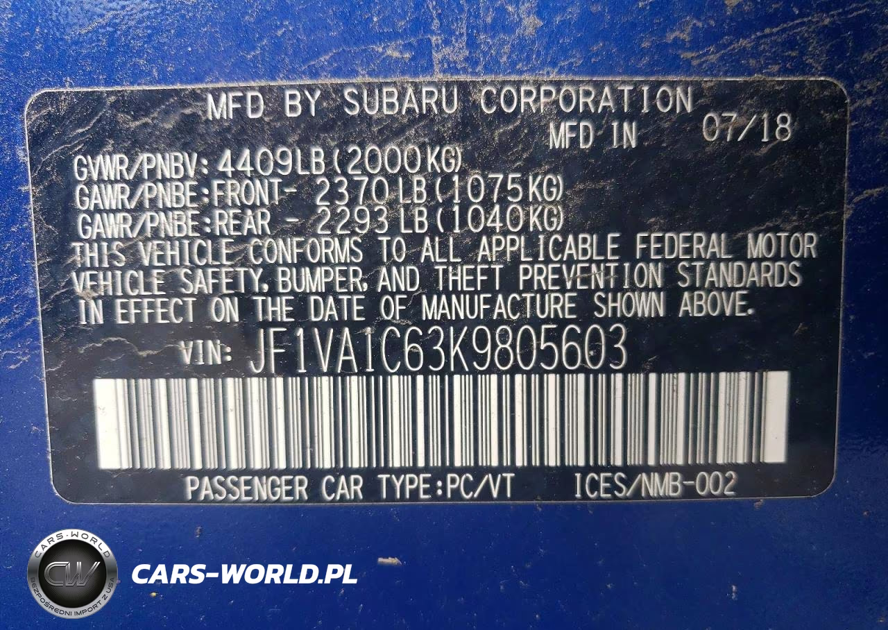 2019 Subaru Wrx Premium VIN:JF1VA1C63K9805603 - 12