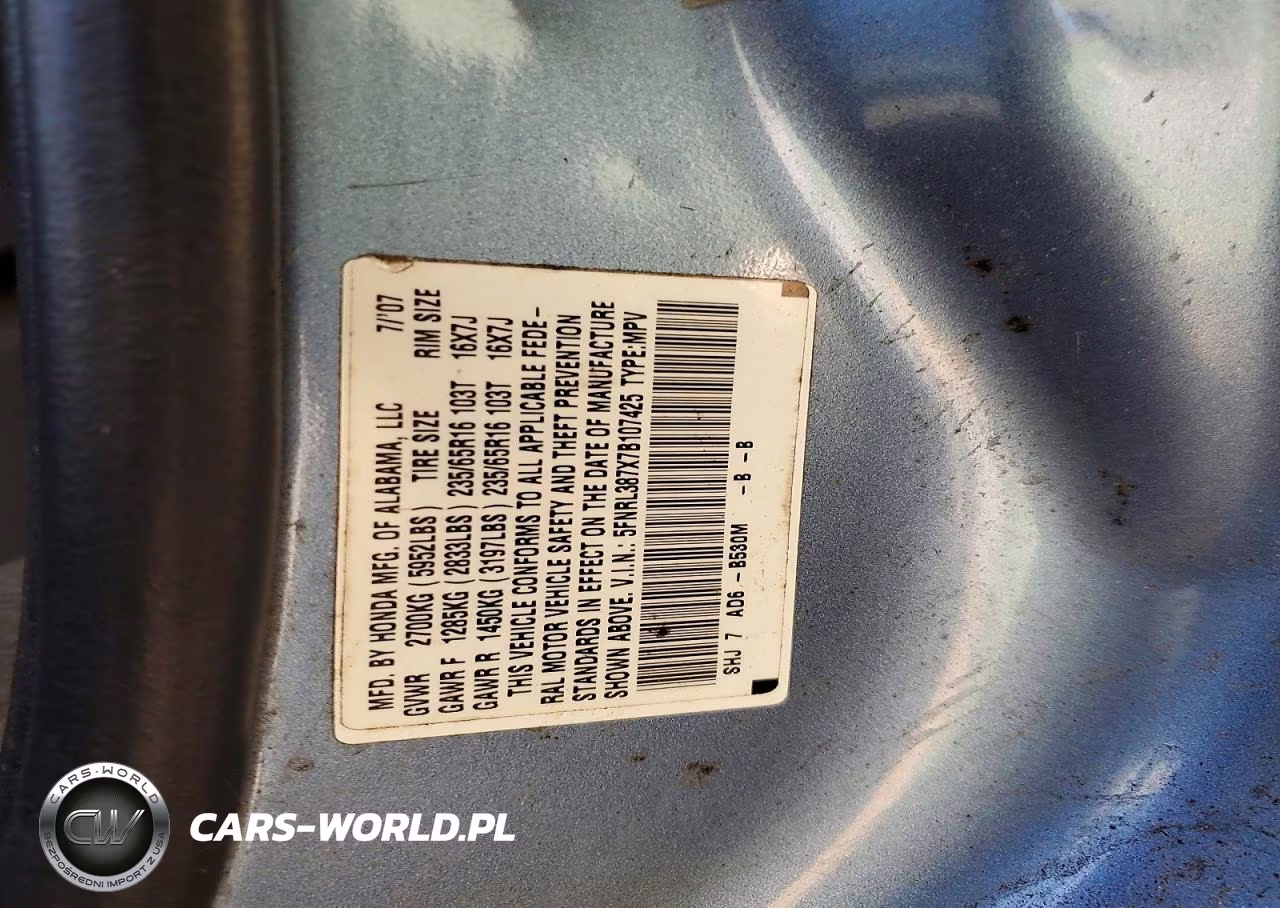 2007 Honda Odyssey Exl VIN:5FNRL387X7B107425 - 13