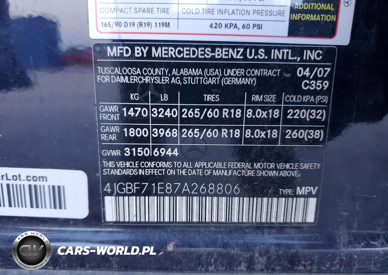 2007 MERCEDES-BENZ GL 450 4MA 4MATIC VIN:4JGBF71E87A268806 - 13