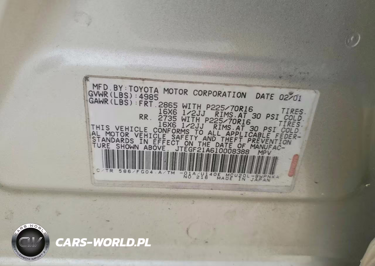 2001 Toyota Highlander Base VIN:JTEGF21A610008388 - 13
