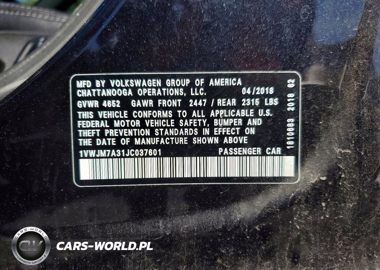 2018 Volkswagen Passat Gt VIN:1VWJM7A31JC037601 - 12