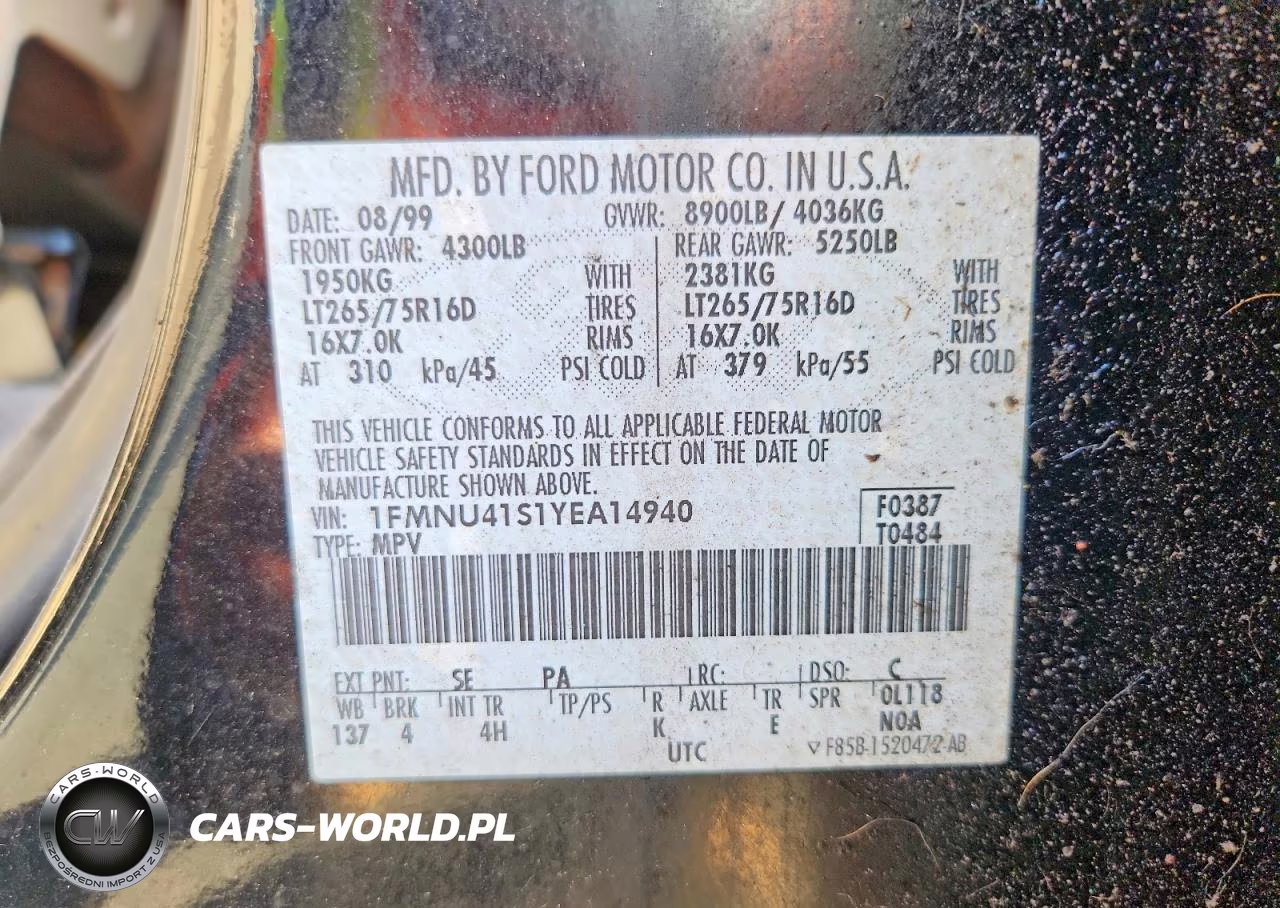 2000 Ford Excursion Xlt VIN:1FMNU41S1YEA14940 - 14