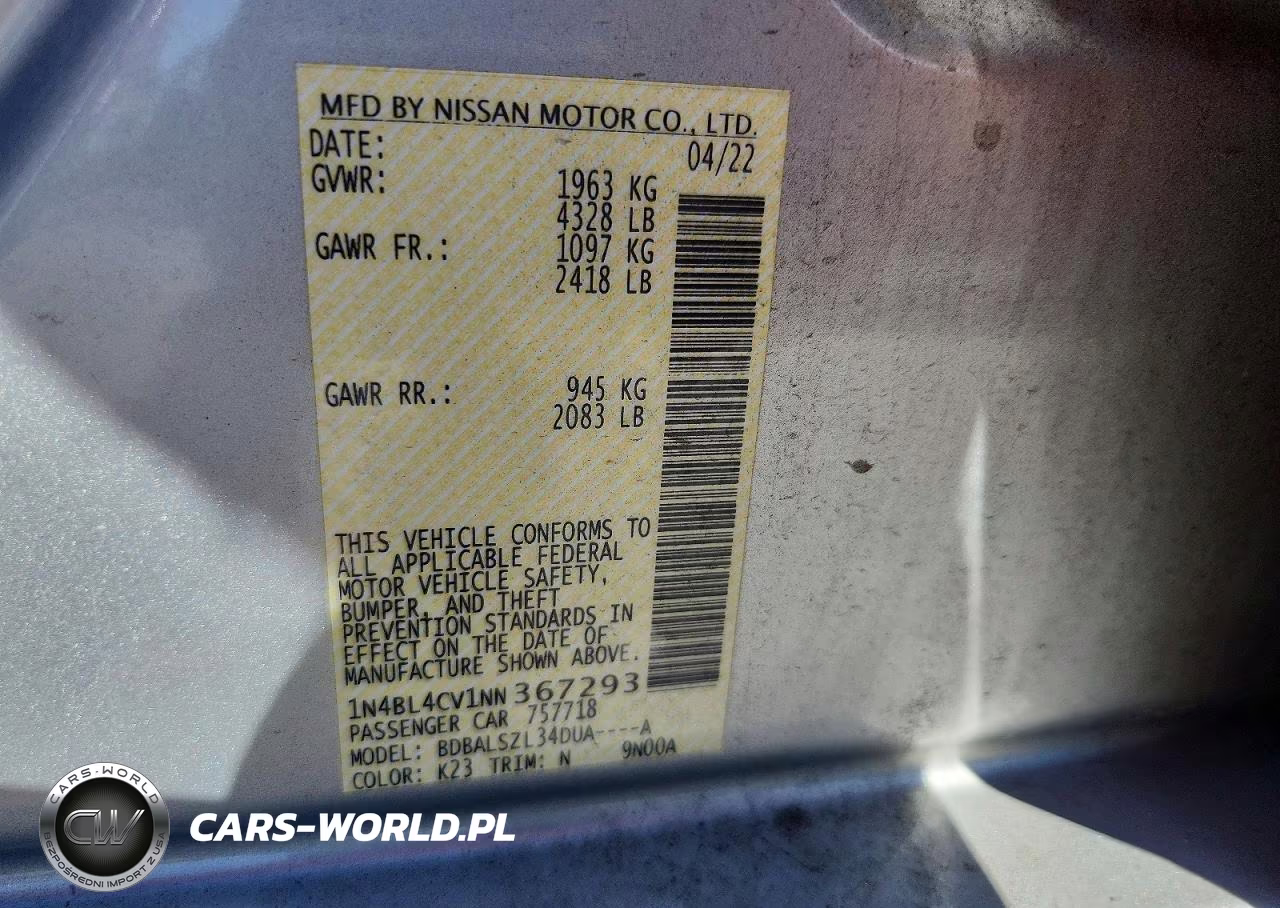 2022 Nissan Altima Sr VIN:1N4BL4CV1NN367293 - 12