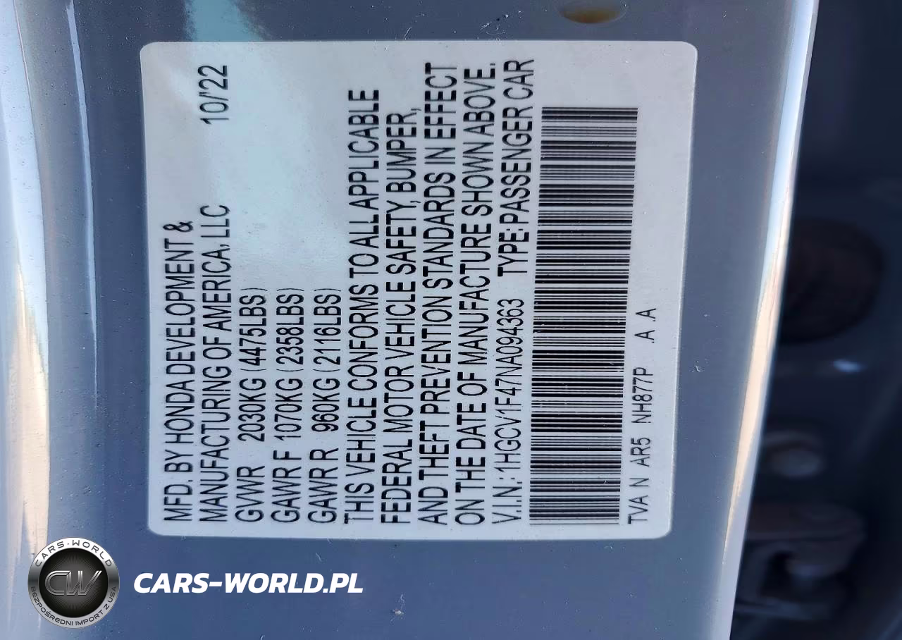 2022 Honda Accord VIN:1HGCV1F47NA094363 - 12