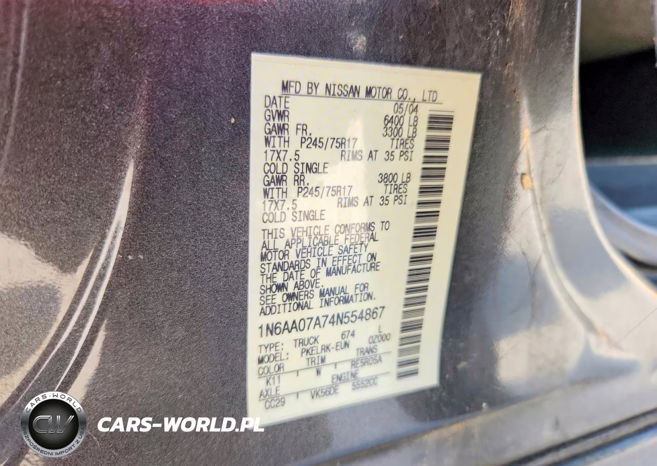 2004 Nissan Titan Xe VIN:1N6AA07A74N554867 - 13