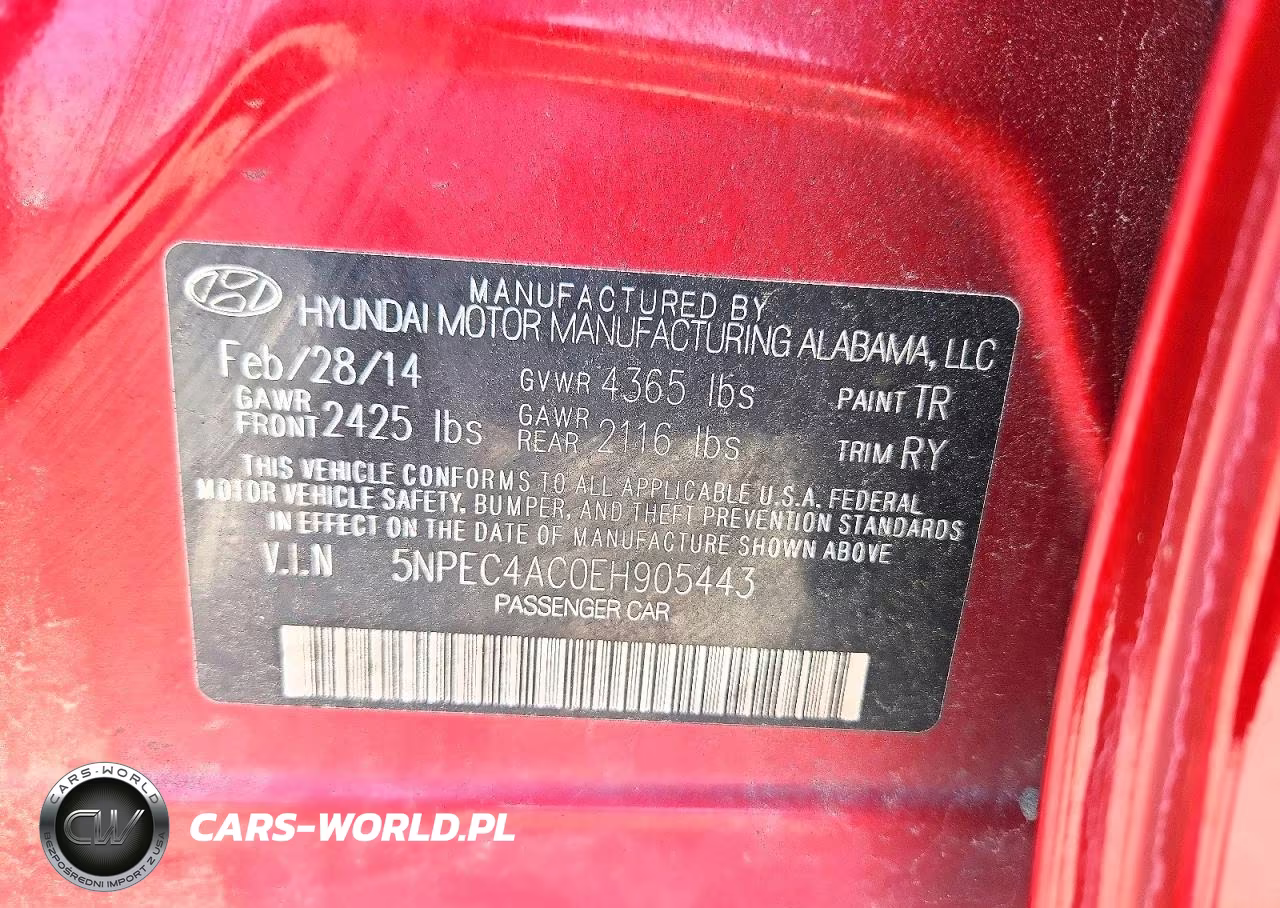 2014 Hyundai Sonata Se VIN:5NPEC4AC0EH905443 - 13