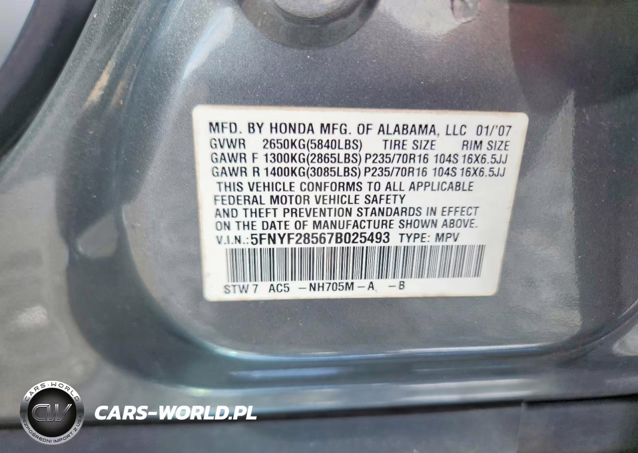 2007 Honda Pilot Exl VIN:5FNYF28567B025493 - 12