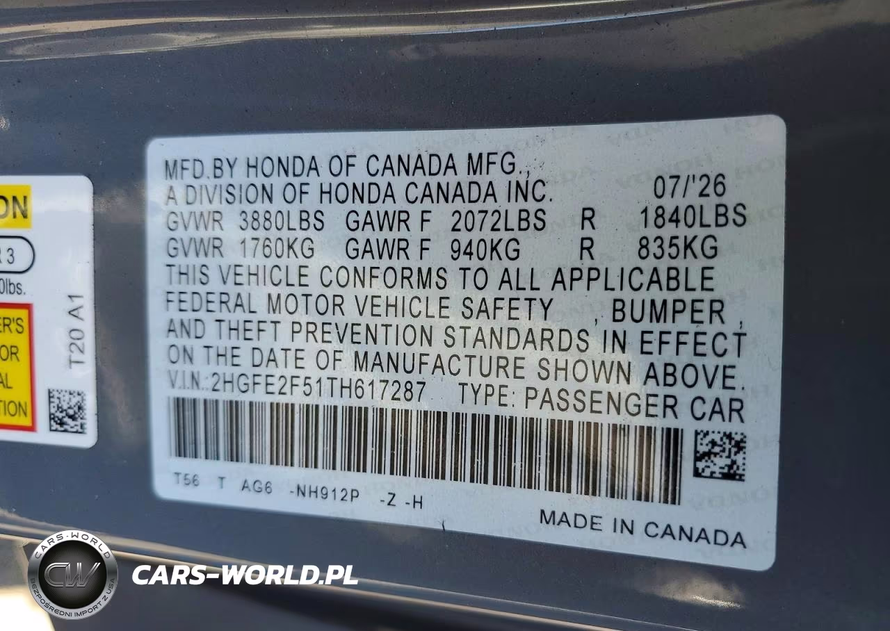 2026 Honda Civic Sport VIN:2HGFE2F51TH617287 - 12
