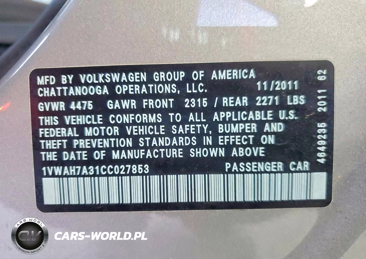 2012 Volkswagen Passat S VIN:1VWAH7A31CC027853 - 12