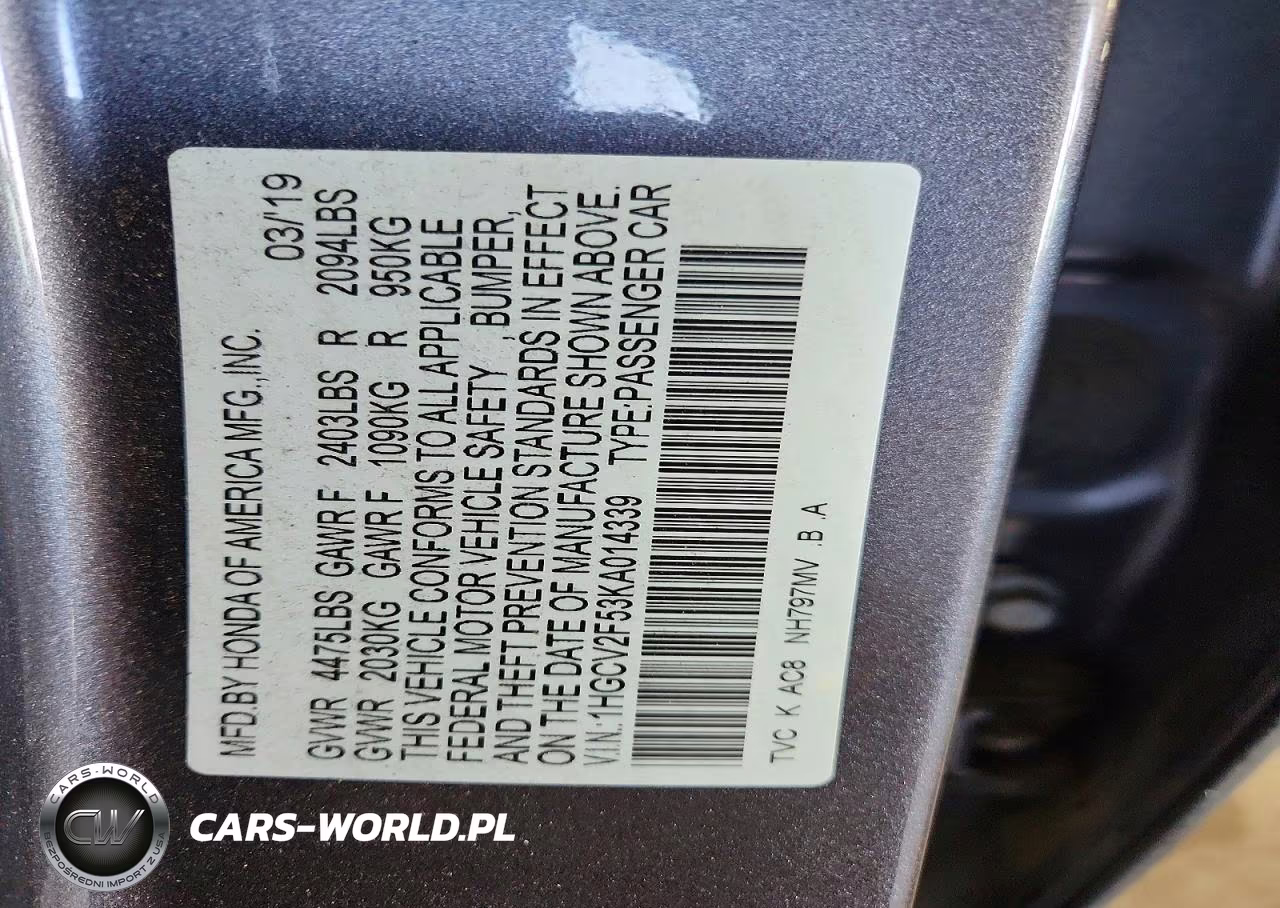 2019 Honda Accord Exl VIN:1HGCV2F53KA014339 - 12