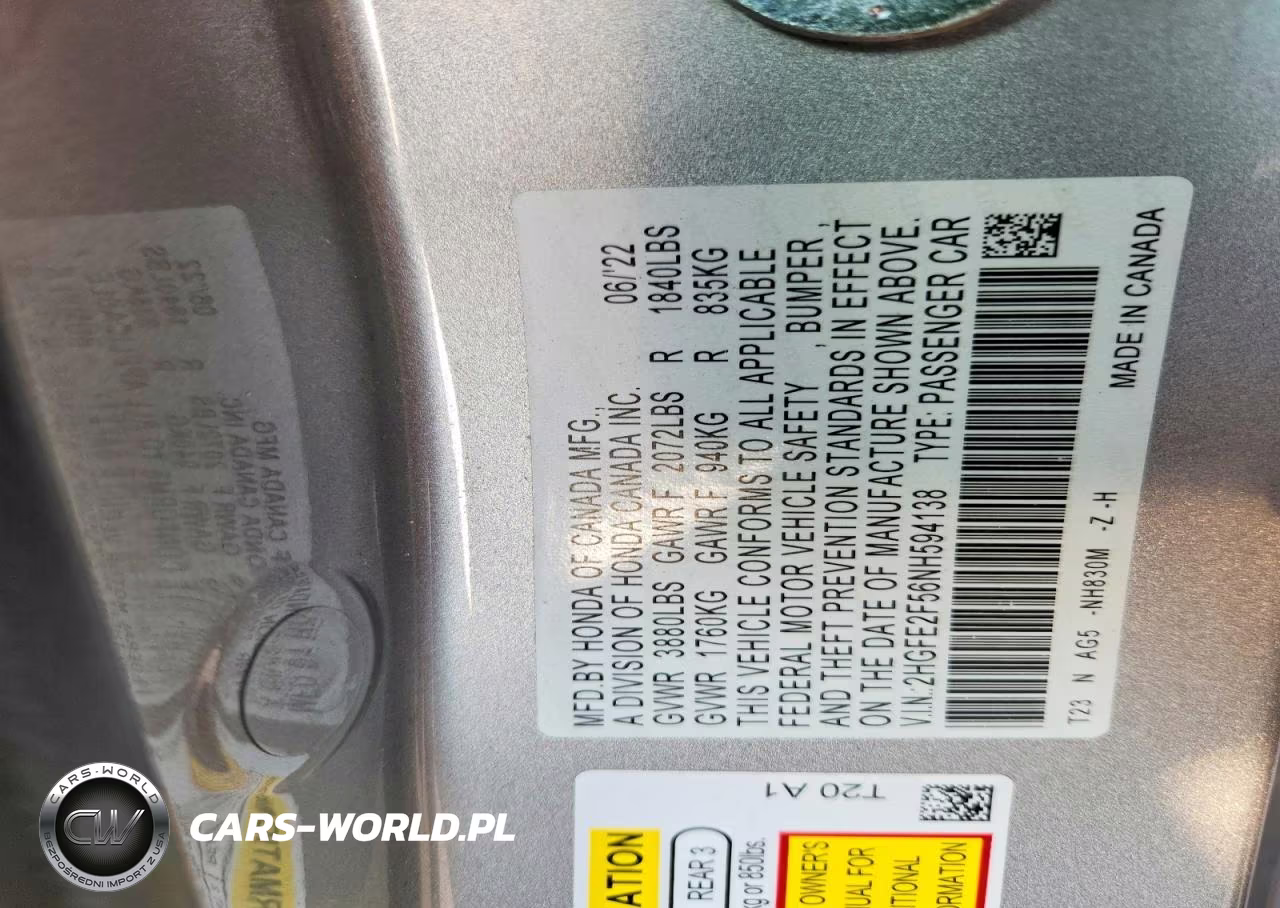2022 Honda Civic Sport VIN:2HGFE2F56NH594138 - 12