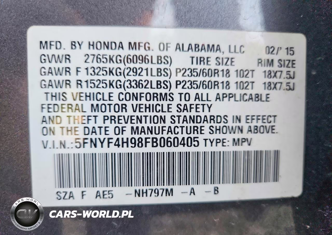 2015 Honda Pilot Touring VIN:5FNYF4H98FB060405 - 13