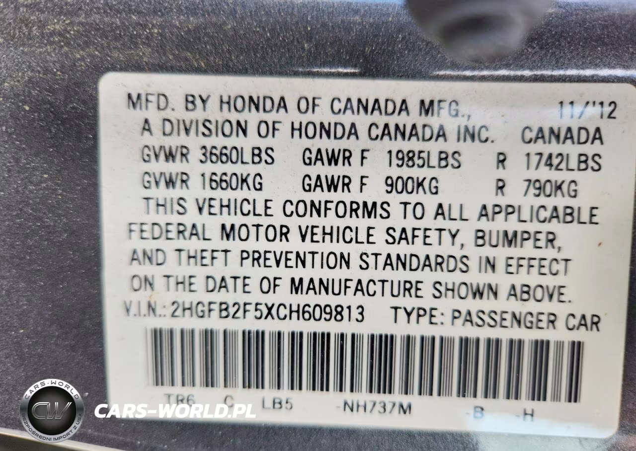 2012 Honda Civic Lx VIN:2HGFB2F5XCH609813 - 12