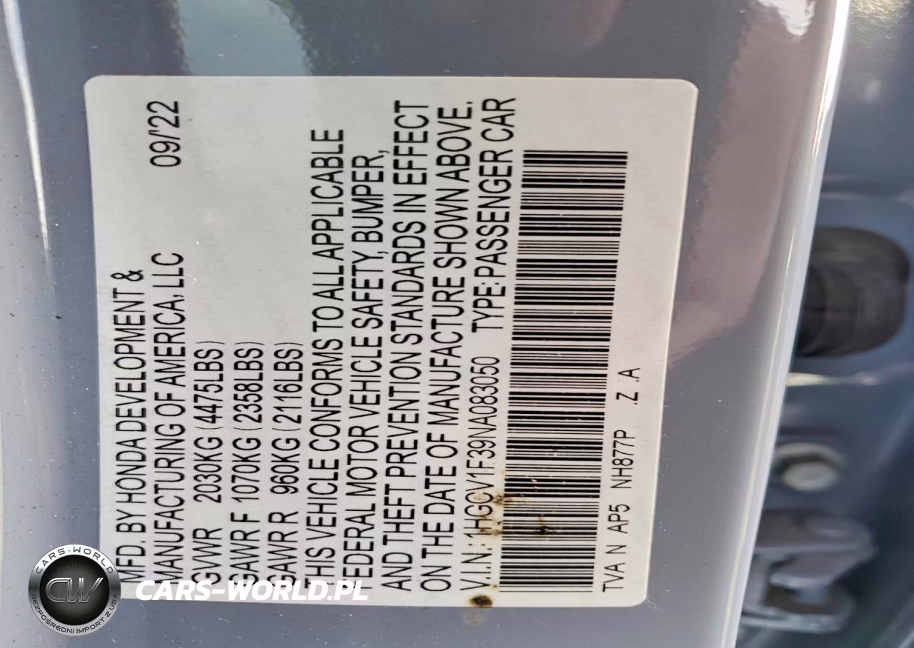 2022 Honda Accord Sport VIN:1HGCV1F39NA083050 - 12