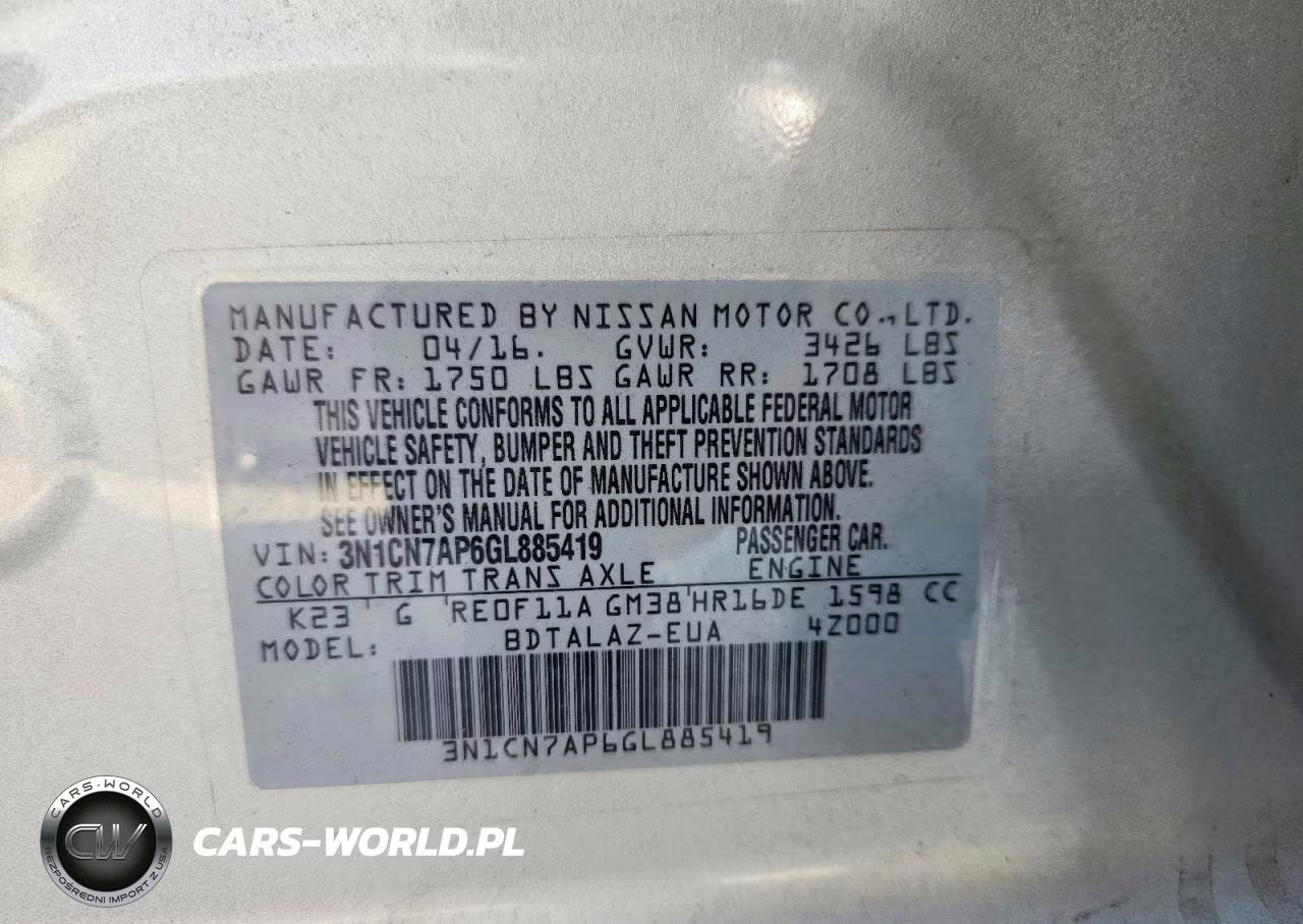 2016 Nissan Versa 1.6 S Plus VIN:3N1CN7AP6GL885419 - 12