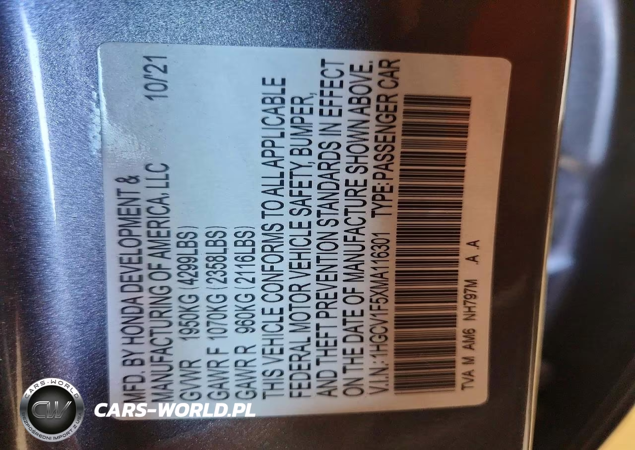2021 Honda Accord Exl VIN:1HGCV1F5XMA116301 - 12