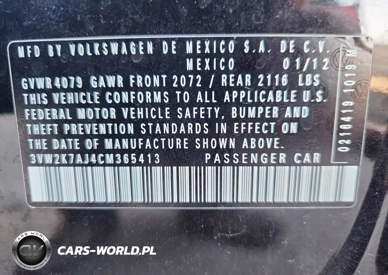 2012 Volkswagen Jetta Base VIN:3VW2K7AJ4CM365413 - 12