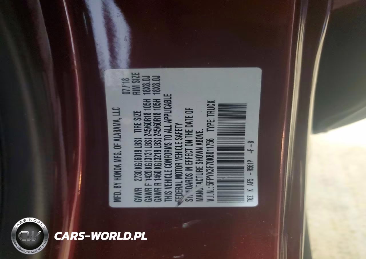 2019 Honda Ridgeline Rtl VIN:5FPYK3F70KB011756 - 12