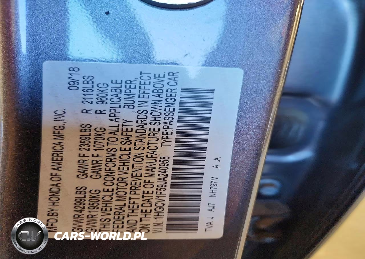 2018 Honda Accord Exl VIN:1HGCV1F59JA240958 - 12