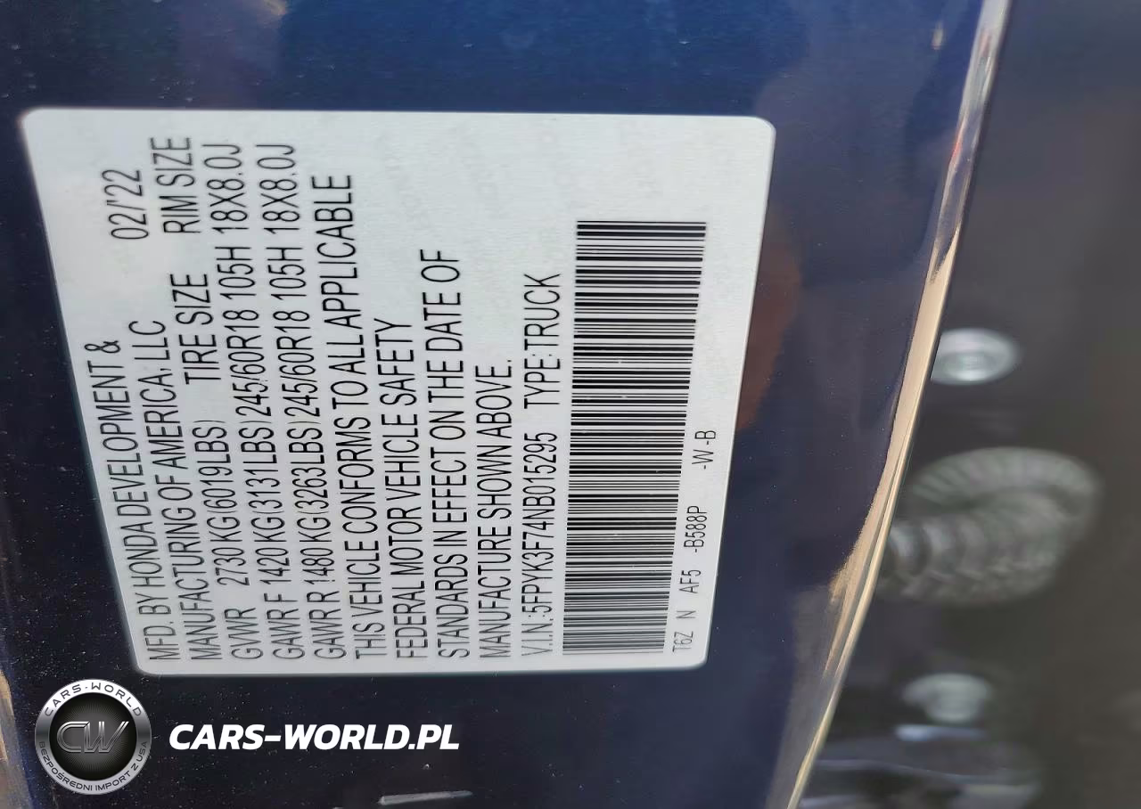 2022 Honda Ridgeline Rtl VIN:5FPYK3F74NB015295 - 12