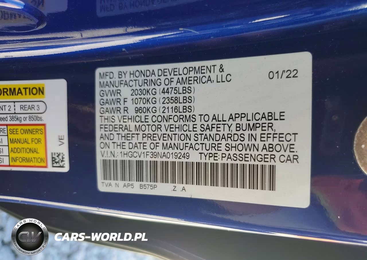 2022 Honda Accord Sport VIN:1HGCV1F39NA019249 - 12