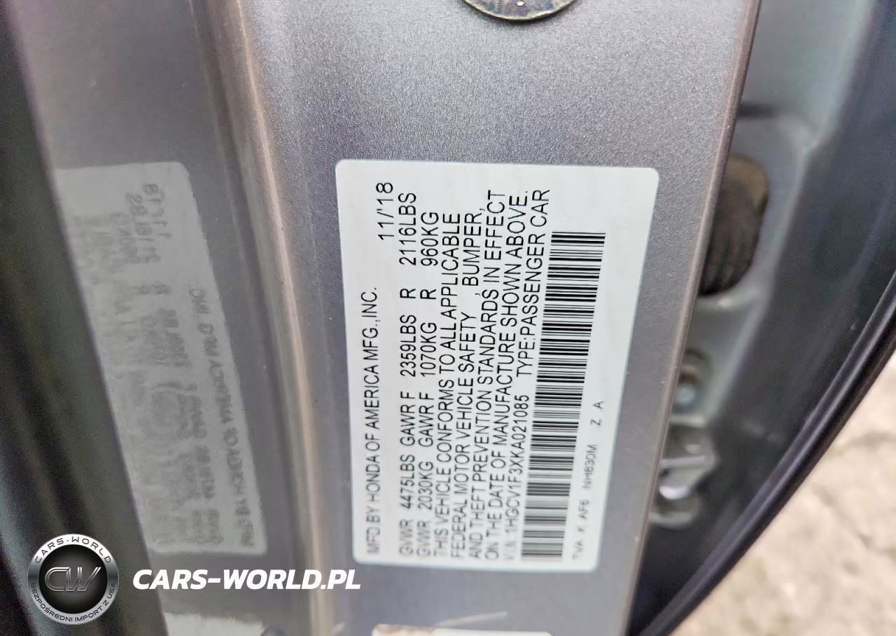 2019 Honda Accord Sport VIN:1HGCV1F3XKA021085 - 12