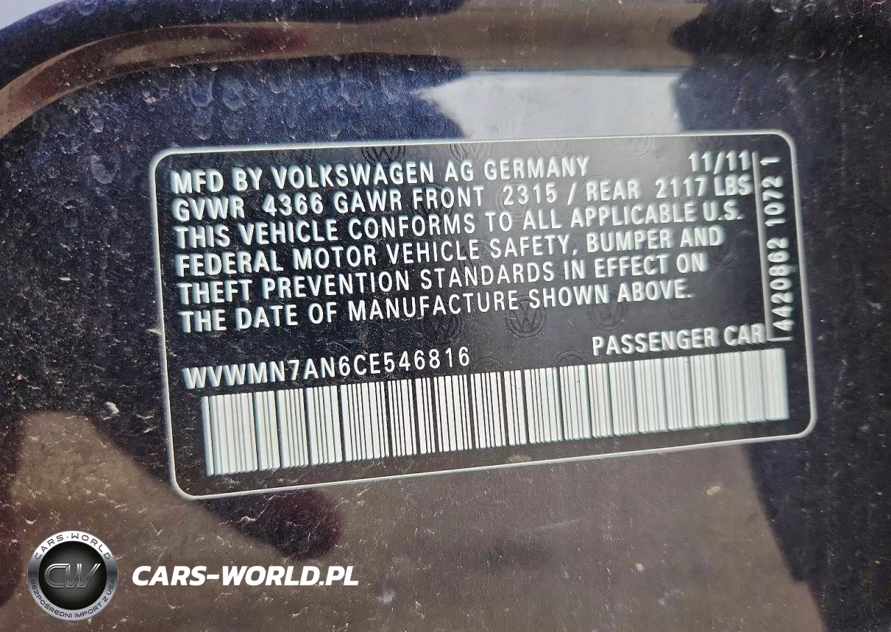 2012 Volkswagen Cc Sport VIN:WVWMN7AN6CE546816 - 12