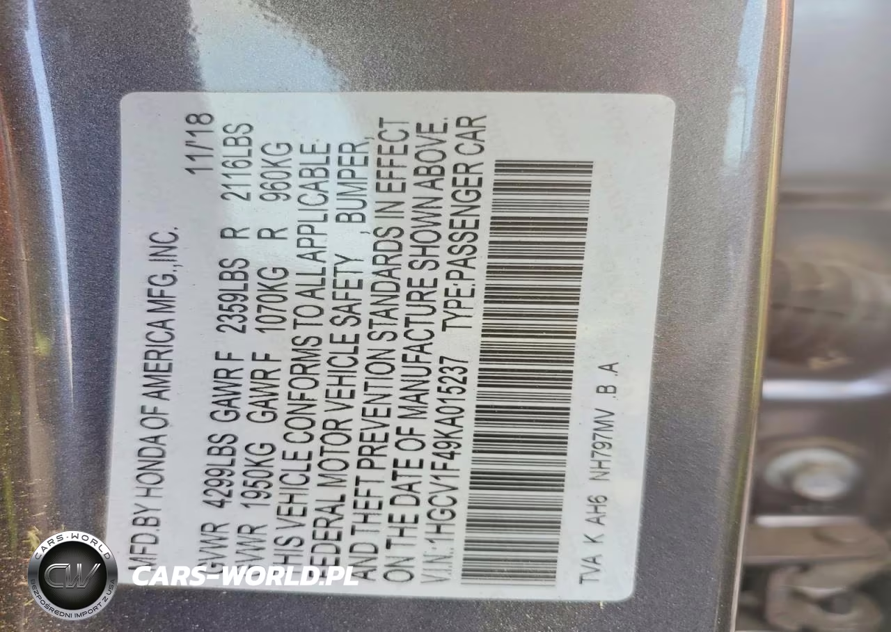 2019 Honda Accord Ex VIN:1HGCV1F49KA015237 - 12