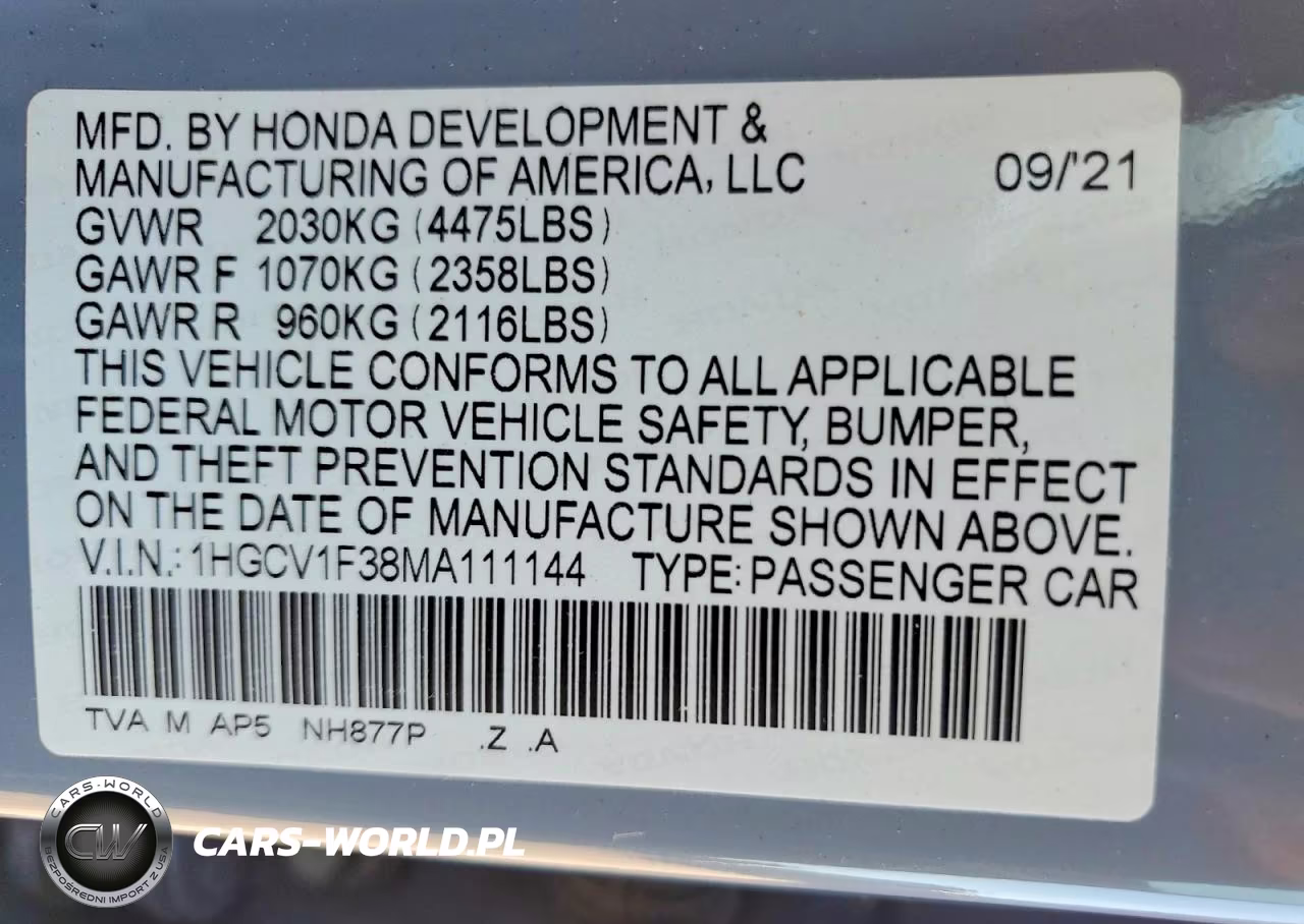 2021 Honda Accord Sport VIN:1HGCV1F38MA111144 - 12