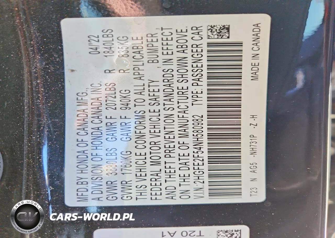 2022 Honda Civic Sport VIN:2HGFE2F54NH580982 - 12