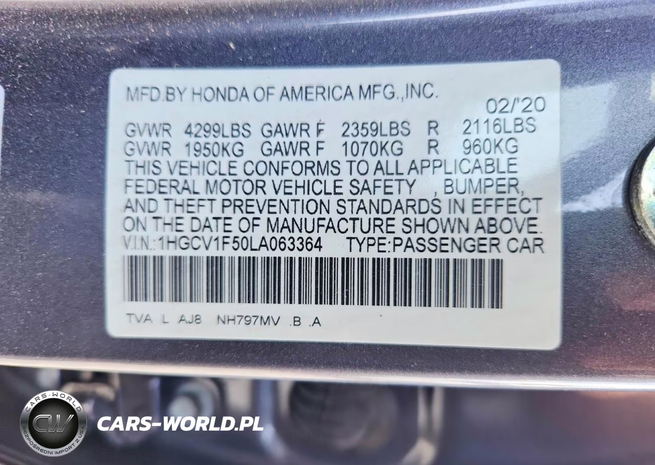 2020 Honda Accord Exl VIN:1HGCV1F50LA063364 - 12