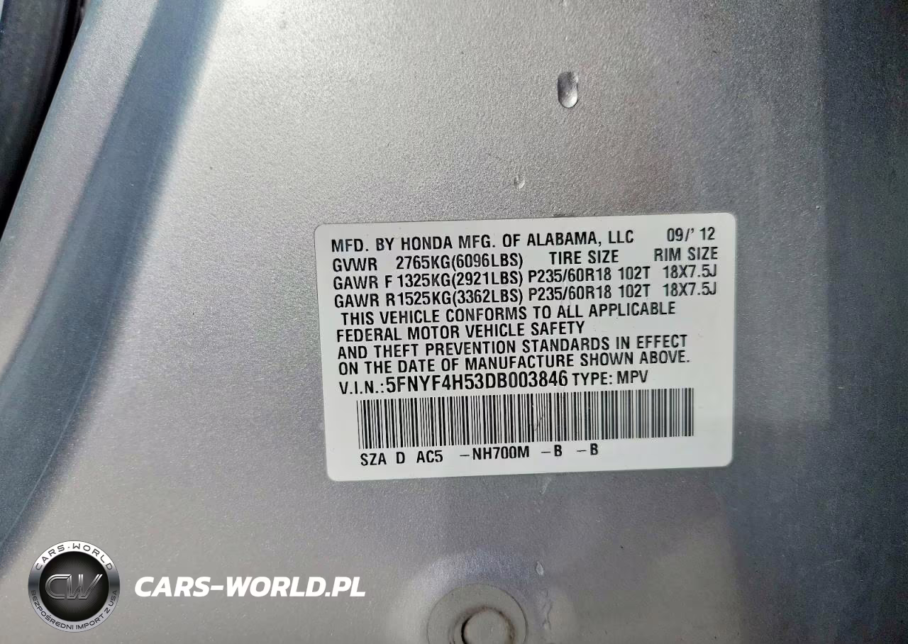 2013 Honda Pilot Exl VIN:5FNYF4H53DB003846 - 12