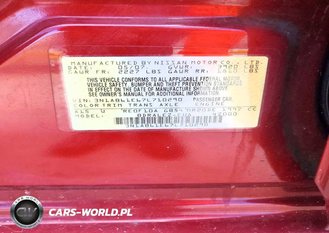 2007 Nissan Sentra 2.0 VIN:3N1AB61E67L710290 - 13