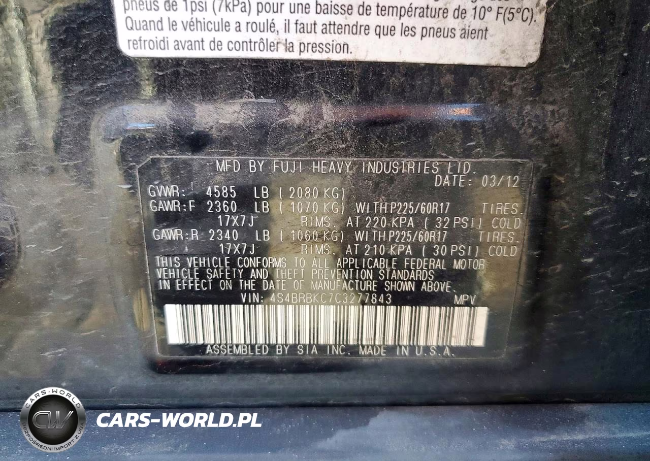 2012 Subaru Outback 2.5I Limited VIN:4S4BRBKC7C3277843 - 12