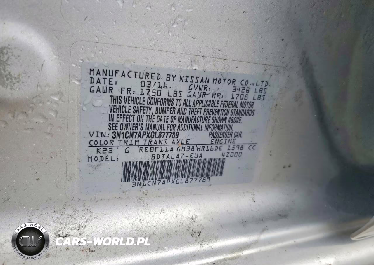 2016 Nissan Versa 1.6 S Plus VIN:3N1CN7APXGL877789 - 13