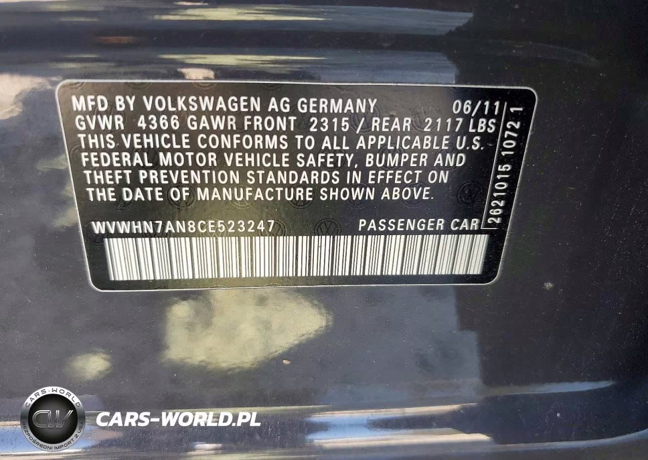 2012 Volkswagen Cc Luxury VIN:WVWHN7AN8CE523247 - 12