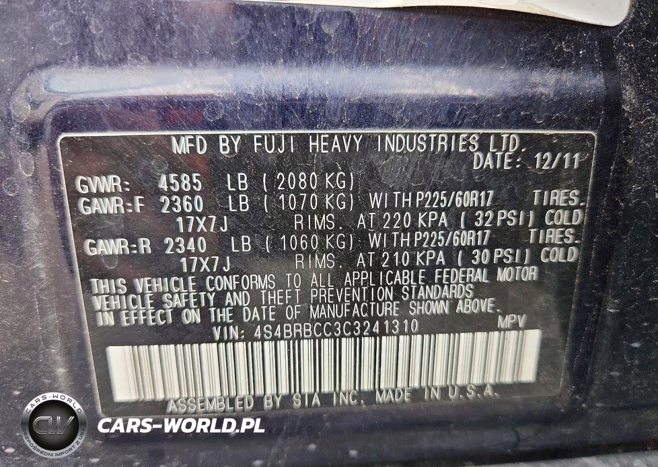 2012 Subaru Outback 2.5I Premium VIN:4S4BRBCC3C3241310 - 13