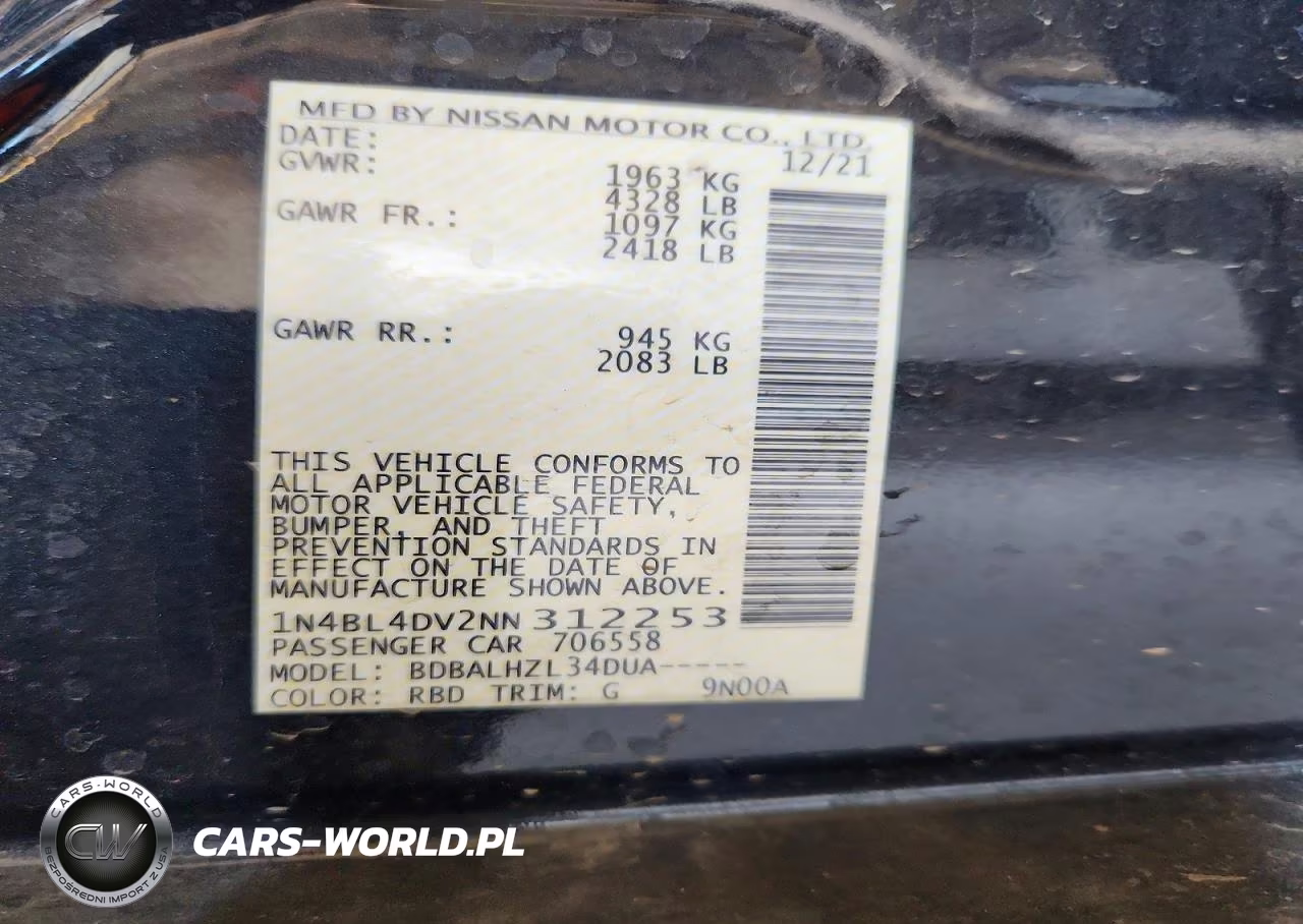 2022 Nissan Altima Sv VIN:1N4BL4DV2NN312253 - 12