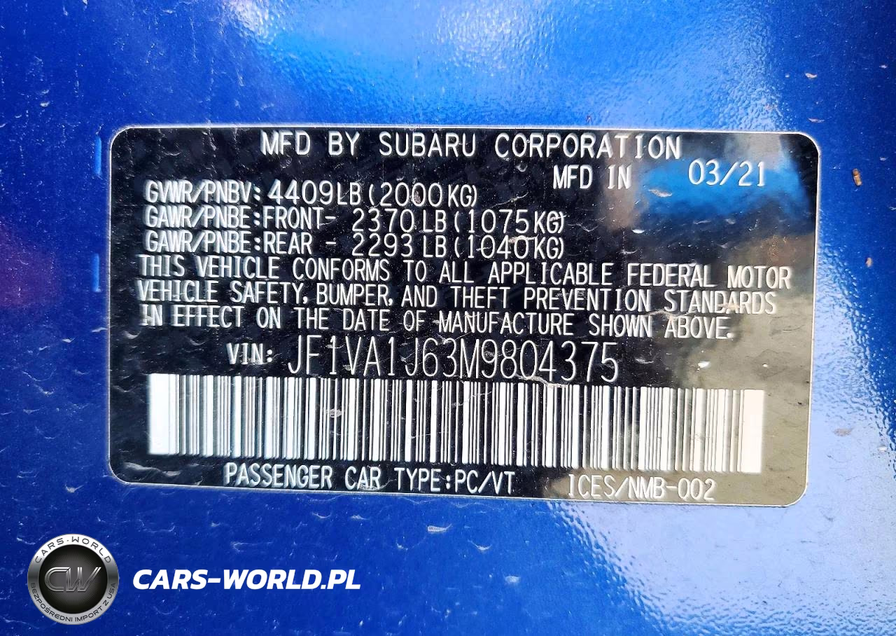 2021 Subaru Wrx Limited VIN:JF1VA1J63M9804375 - 13