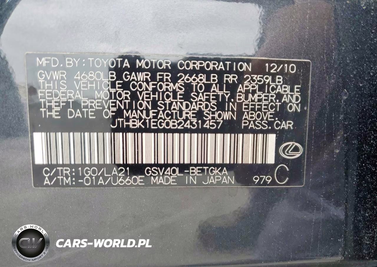 2011 Lexus Es 350 VIN:JTHBK1EG0B2431457 - 12