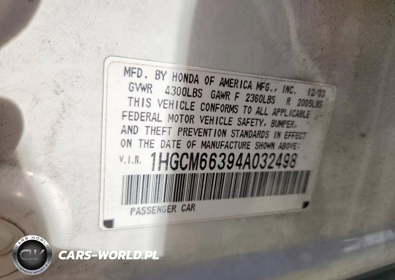 2004 Honda Accord Lx VIN:1HGCM66394A032498 - 12