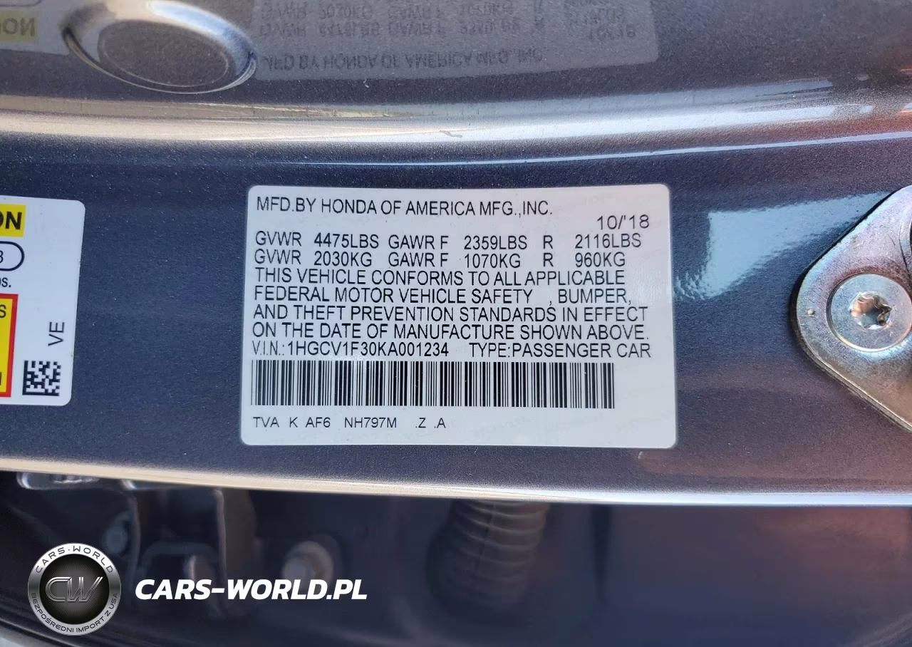 2019 Honda Accord Sport VIN:1HGCV1F30KA001234 - 12