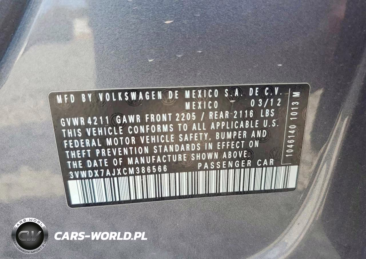 2012 Volkswagen Jetta Se VIN:3VWDX7AJXCM386566 - 12