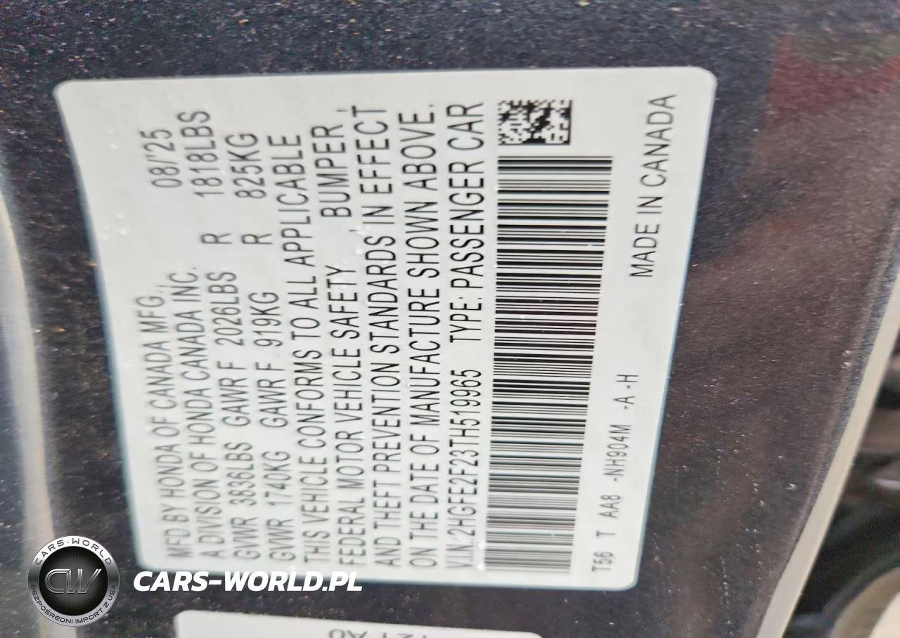 2026 Honda Civic Lx VIN:2HGFE2F23TH519965 - 12