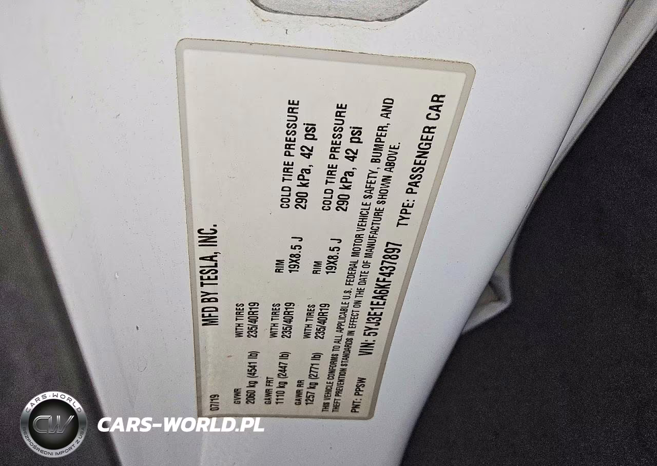 2019 Tesla Model 3 VIN:5YJ3E1EA6KF437897 - 12