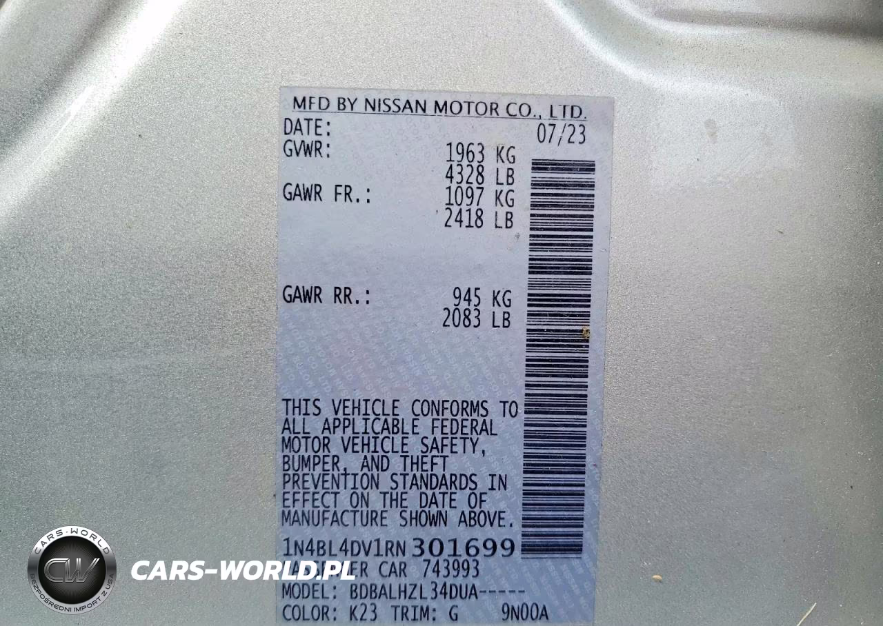 2024 Nissan Altima Sv VIN:1N4BL4DV1RN301699 - 13
