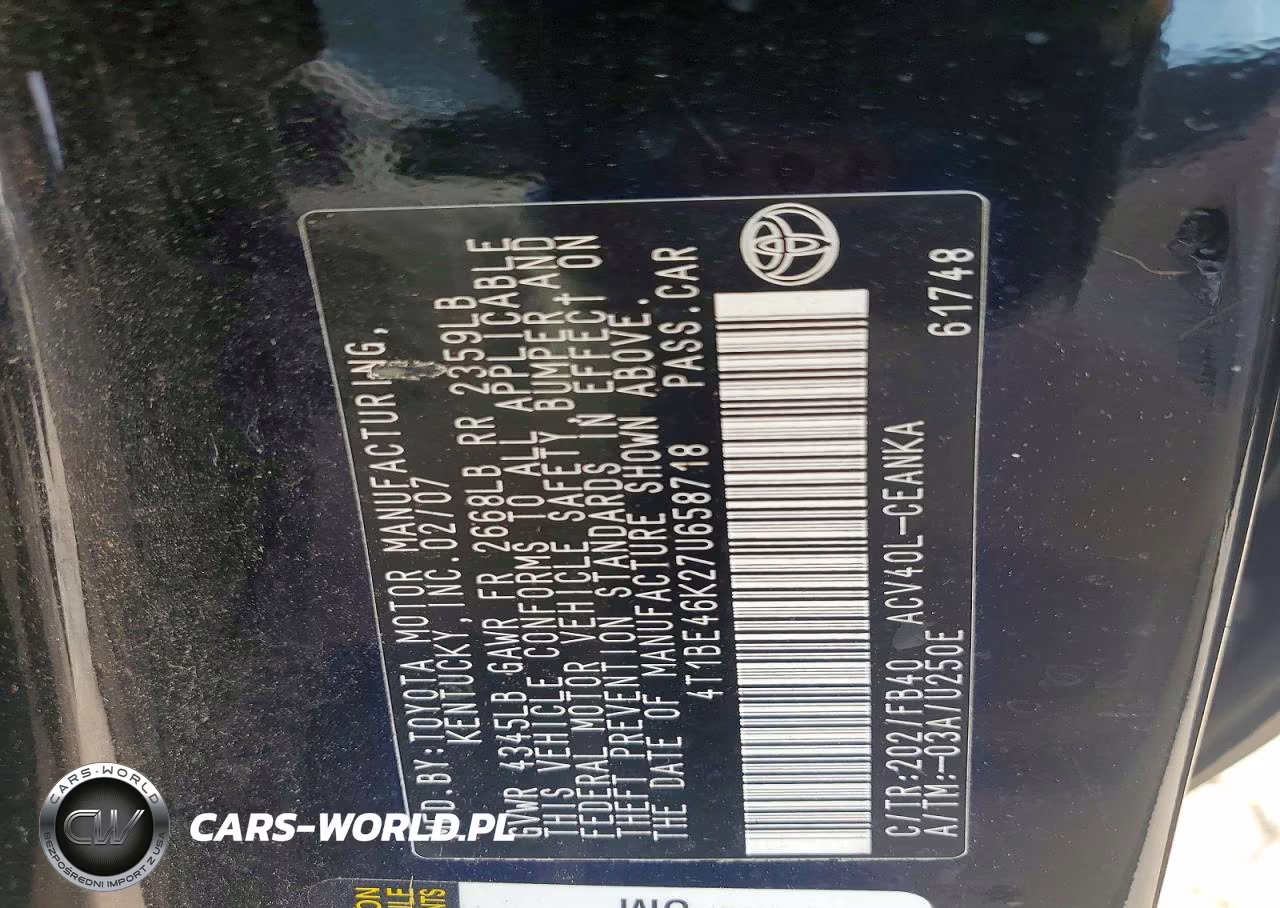 2007 Toyota Camry Le VIN:4T1BE46K27U658718 - 12