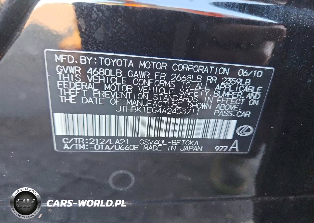 2010 Lexus Es 350 VIN:JTHBK1EG4A2403711 - 12