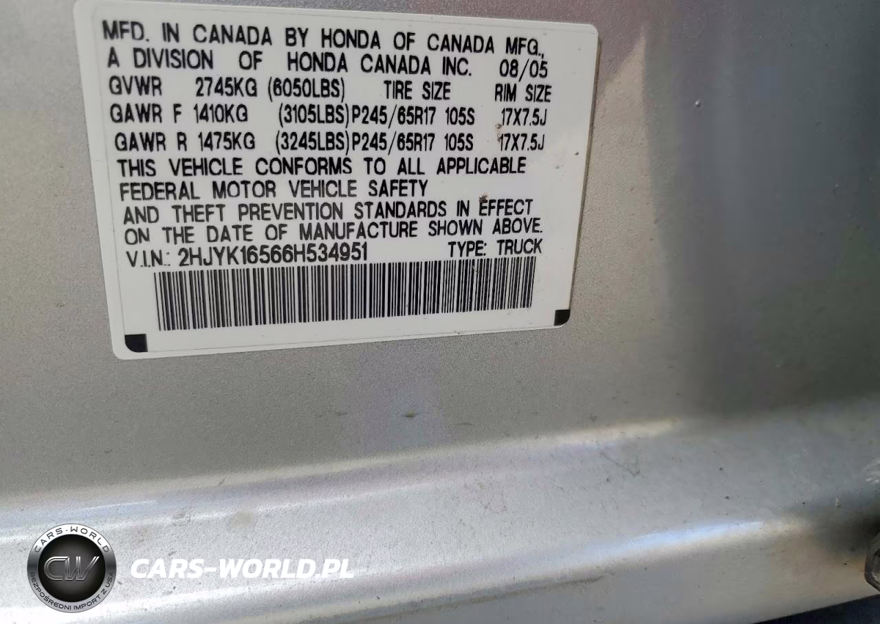 2006 Honda Ridgeline Rtl VIN:2HJYK16566H534951 - 12